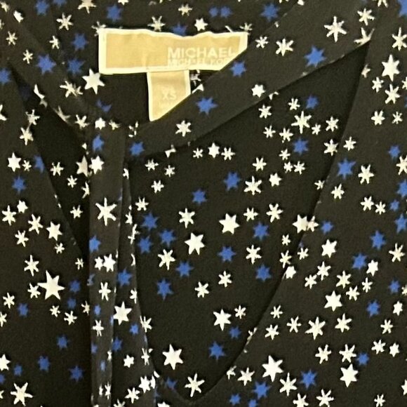 Michael Kors, black dress w blue/silver Star Foil pattern Chain Fringe tie, XS - Picture 5 of 9